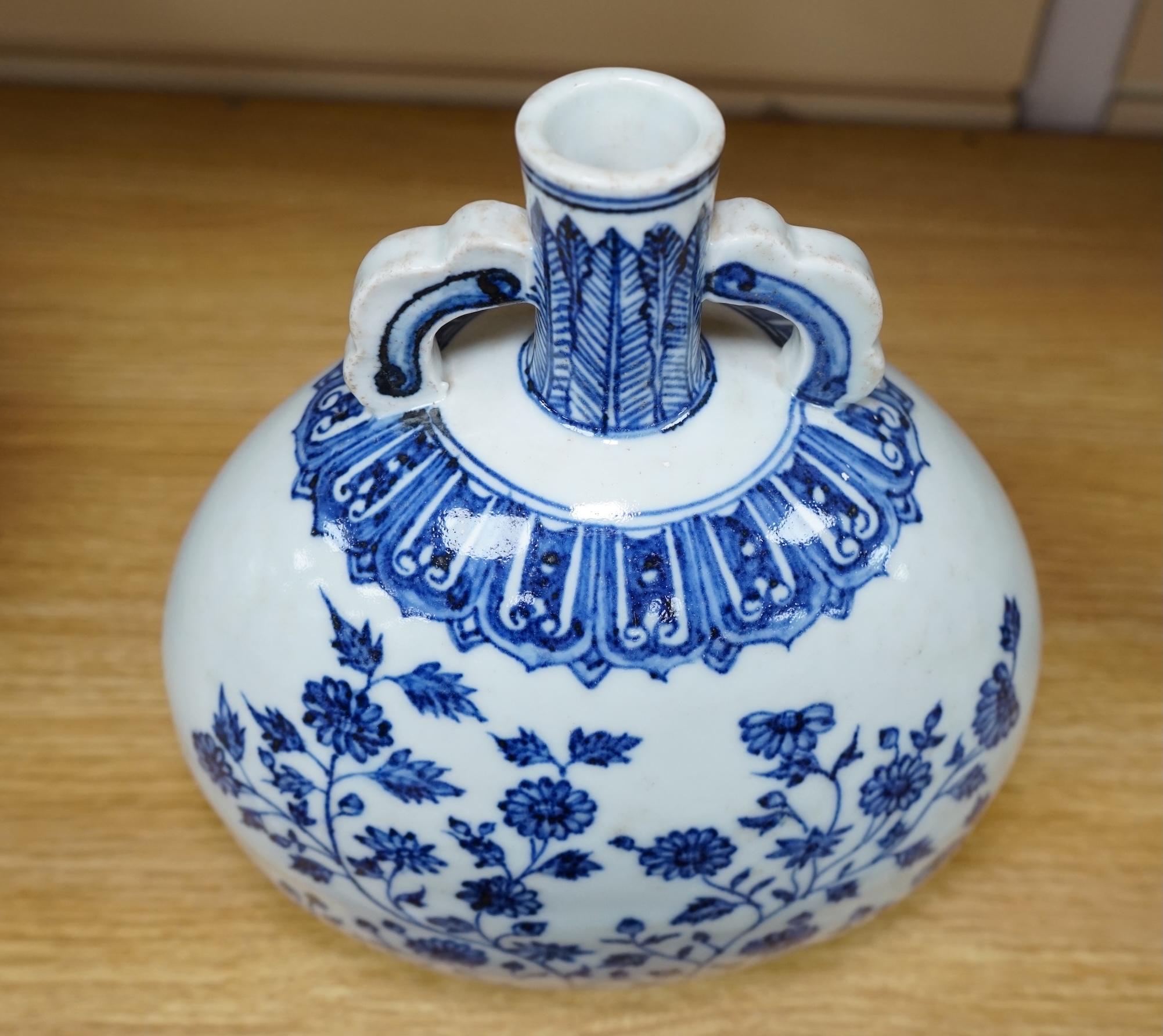 A Chinese blue and white moonflask, 26cm. Condition - good